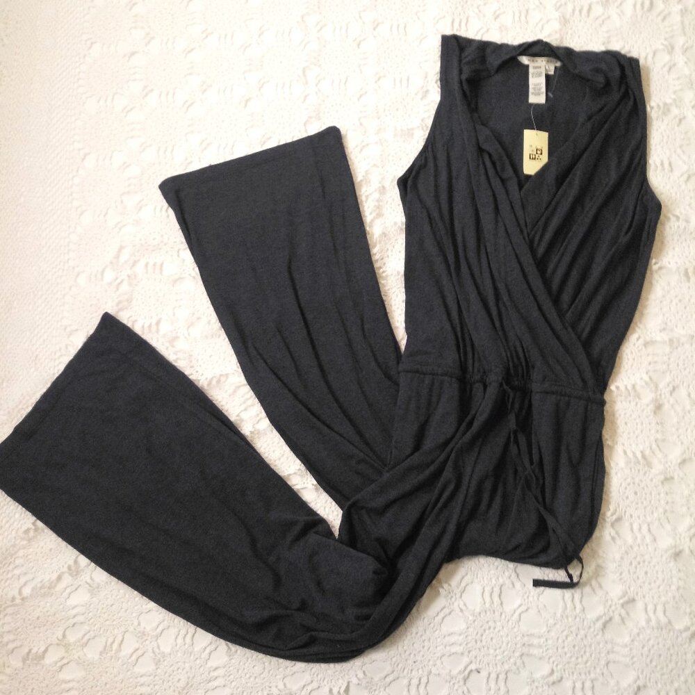 New Max Studio Jumpsuit Dark Blue Knit Wide Leg Sleeveless V Neck Large Women L